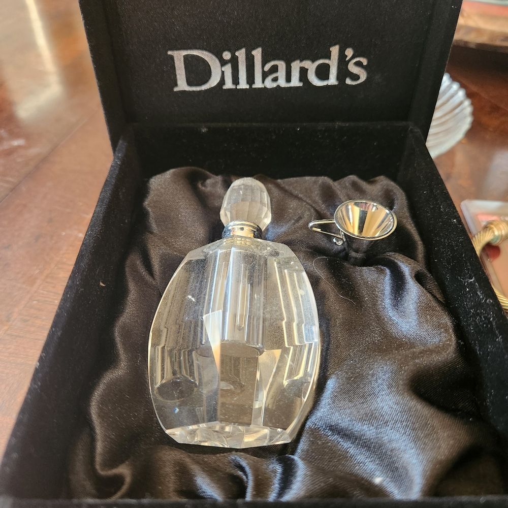 Dillard's Cut Glass Perfume Bottle Set with Silver Funnel in Black Velvet Box